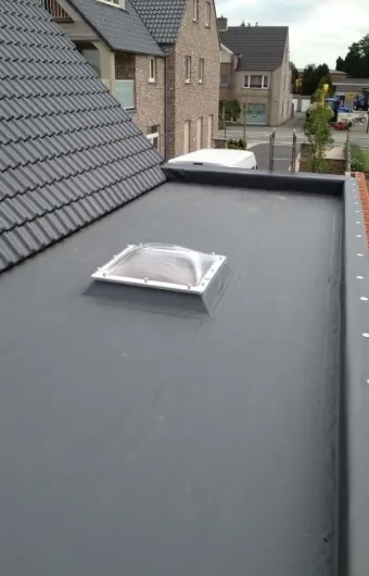 Plat dak met lichtkoepel naast een hellend pannendak